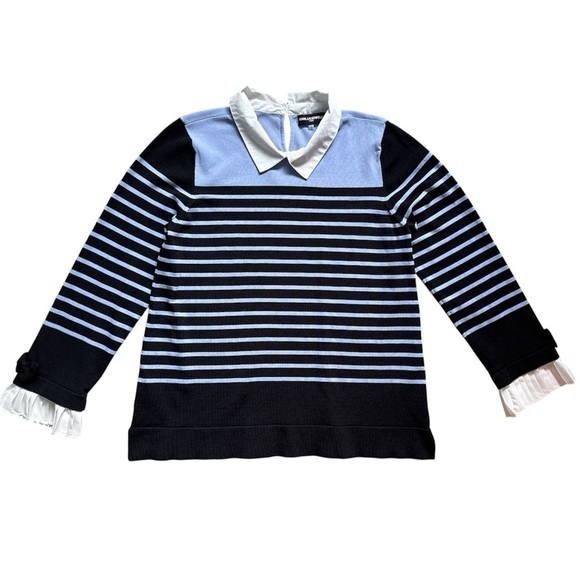 Karl Lagerfeld Sweaters - Karl Lagerfeld Paris Women's Striped Ribbed Sweater - Blue, White, Black-Size L